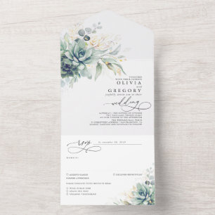 Invitation Tout En Un Succulents Mariage Feuille verdure et or