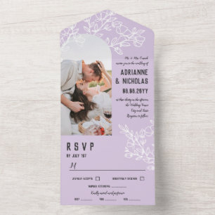 Invitation Tout En Un Succursales en fleurs blanches violettes Mariage p