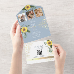 Invitation Tout En Un Sunflower Botanique Dusty Mariage bleu