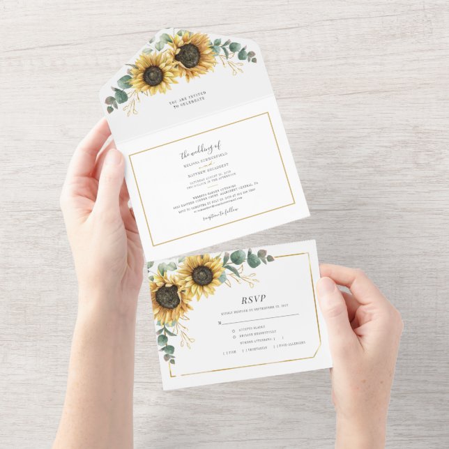 Invitation Tout En Un Sunflower Eucalyptus Mariage de script géométrique (Déchirure)