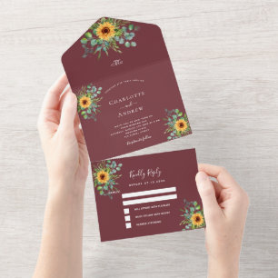 Invitation Tout En Un Sunflower eucalyptus vert vin rouge mariage