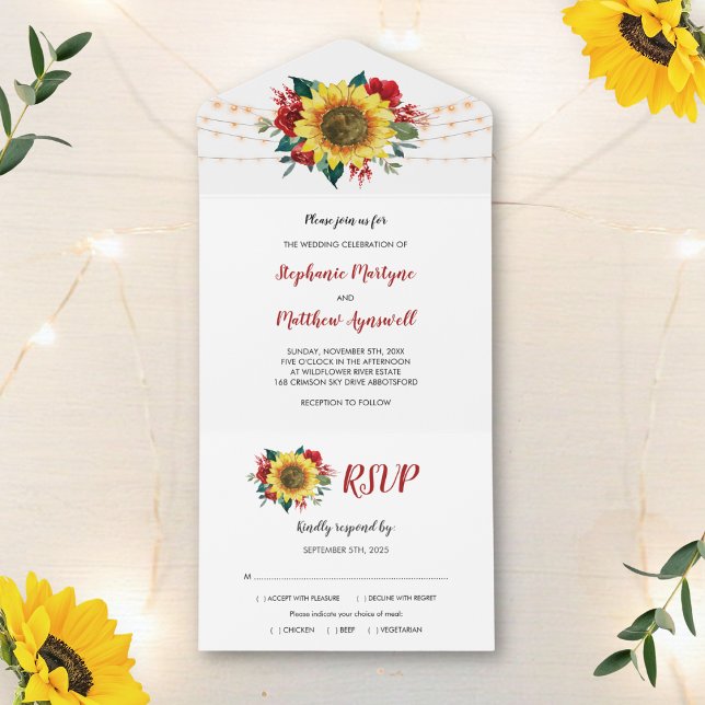 Invitation Tout En Un Sunflower Red Roses éclaire le Mariage floral (Créateur téléchargé)