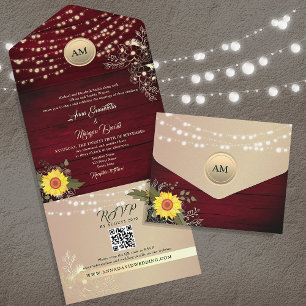 Invitation Tout En Un Sunflower Rustique Bourgogne Code QR Mariage