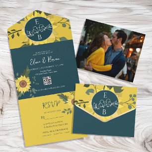 Invitation Tout En Un Sunflowers Boho Green Mariage QR Code