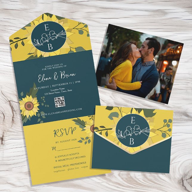 Invitation Tout En Un Sunflowers Boho Green Mariage QR Code (Créateur téléchargé)