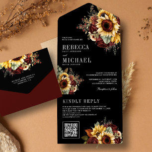 Invitation Tout En Un Sunflowers Bourgogne Floral QR Code Mariage noir