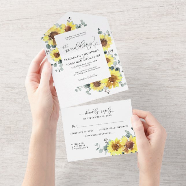 Invitation Tout En Un Sunflowers Eucalyptus Rustique mariage floral RSVP (Déchirure)