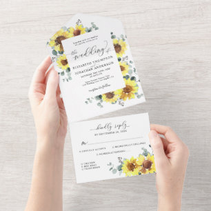 Invitation Tout En Un Sunflowers Eucalyptus Rustique mariage floral RSVP