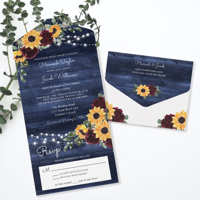 Invitation Tout En Un Sunflowers Rose Russe Marine Blue Wood Mariage (Créateur téléchargé)