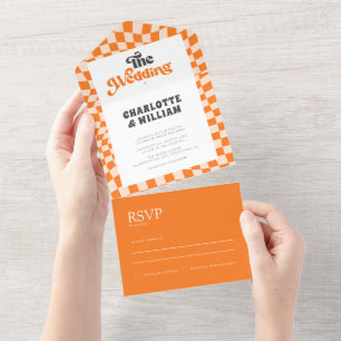Invitation Tout En Un Super Orange À damiers unique Mariage moderne
