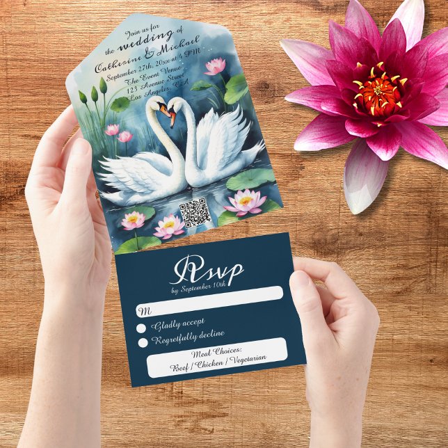 Invitation Tout En Un Swan In Lotus Lake Code QR Mariage (Créateur téléchargé)