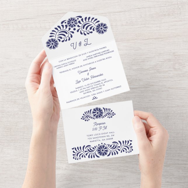 Invitation Tout En Un Talavera mexicaine bleue avec le nom des parents (Déchirure)