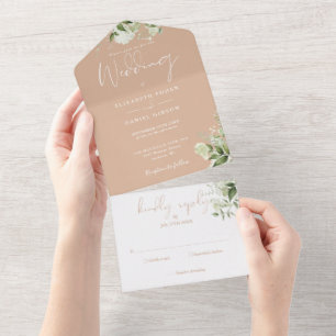 Invitation Tout En Un Tan Botanical Greenery Monogram Mariage