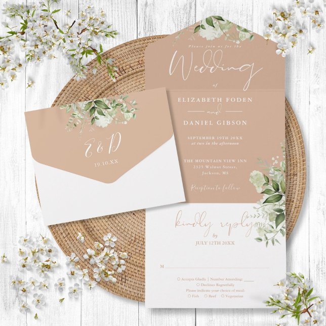 Invitation Tout En Un Tan Botanical Greenery Monogram Mariage (Tan Botanical Greenery Monogram Wedding All In One Invitation)