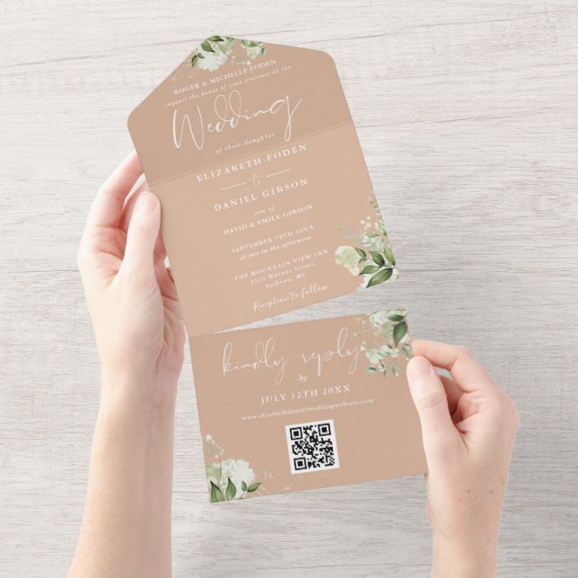 Invitation Tout En Un Tan Floral QR Code Mariage officiel (Déchirure)