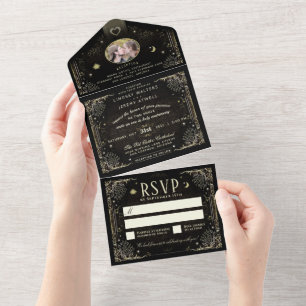 Invitation Tout En Un Tarot d'Halloween Noir & Or Photo "Ensemble Avec"