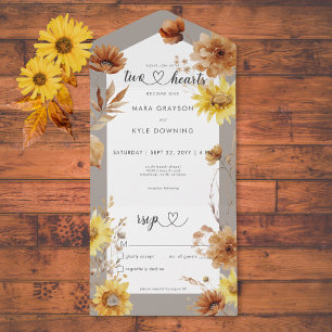 Invitation Tout En Un Taupe de tournesol d'automne rustique et blanc Pas