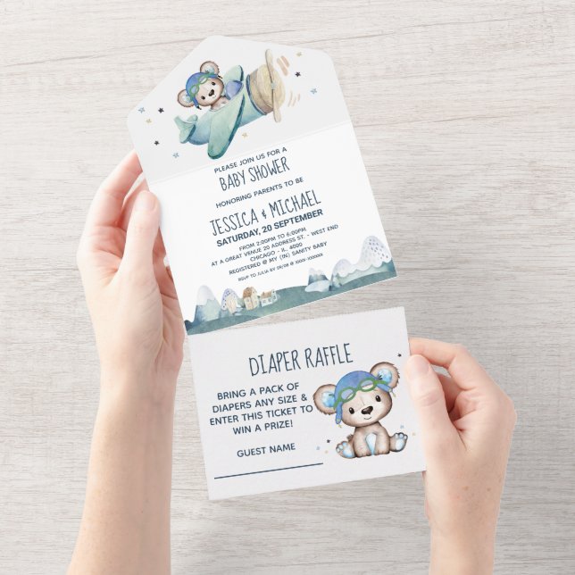 Invitation Tout En Un Teddy Bear Airplane Déchets et Baby shower (Déchirure)