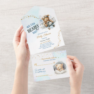 Invitation Tout En Un Teddy Bear Avion volant Baby shower garçon