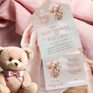 Invitation Tout En Un Teddy Bear Balloons Girl Bearly Wait Baby shower