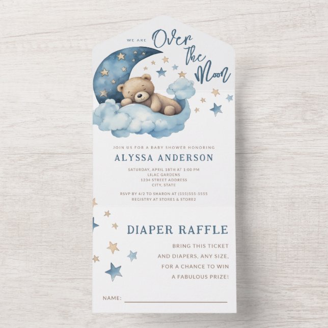 Invitation Tout En Un Teddy Bear Blue sur le Baby shower de la Lune (À l'intérieur)