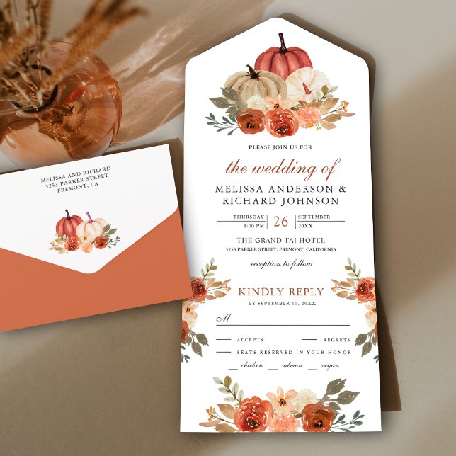 Invitation Tout En Un Terme brûlé Orange Floral Citrouille Mariage (Créateur téléchargé)