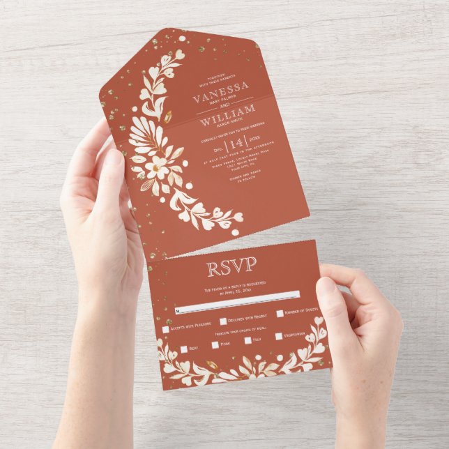 Invitation Tout En Un Terracotta, blanc fleuri mariage (Déchirure)
