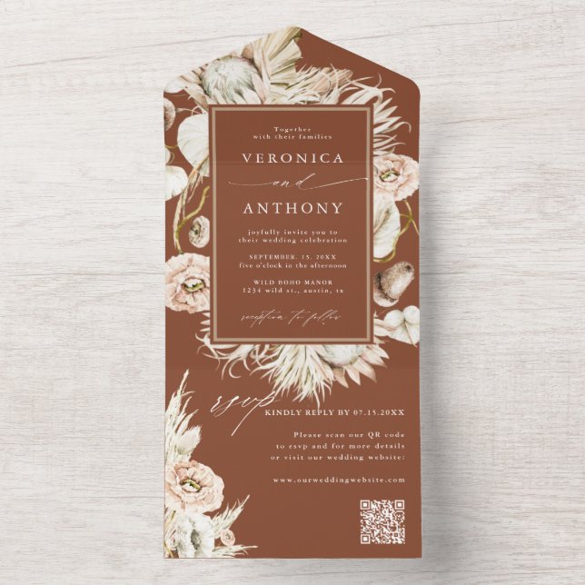 Invitation Tout En Un Terracotta Boho Pampas Grass Mariage QR Code (À l'intérieur)