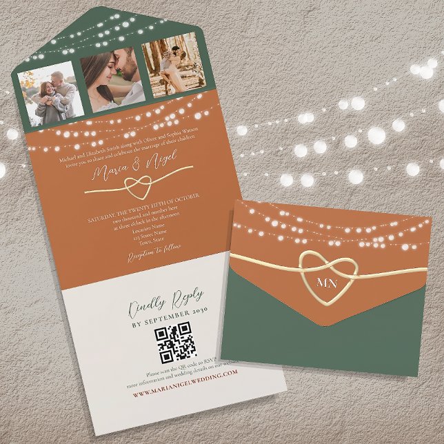 Invitation Tout En Un Terracotta Green String Lights Mariage QR Code (Créateur téléchargé)