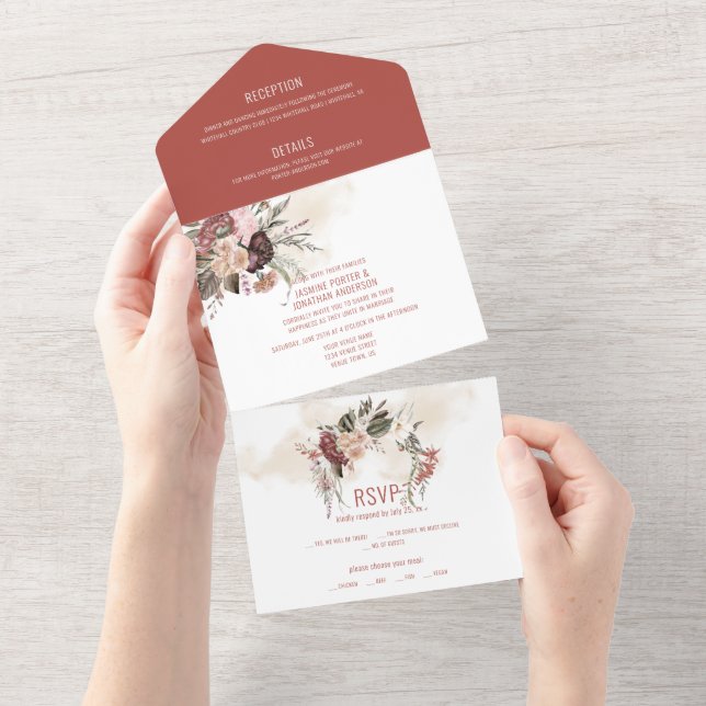 Invitation Tout En Un Terracotta Hiver Blanc Bleu Rose Mariage Floral (Déchirure)