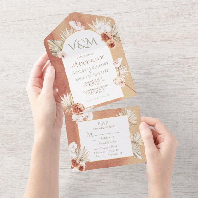 Invitation Tout En Un Terracotta & Khaki Palm Feuilles Mariage tropical (Déchirure)