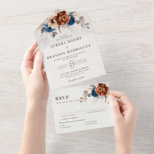 Invitation Tout En Un Terracotta Marine Bleu Pampas Grass Mariage rustiq