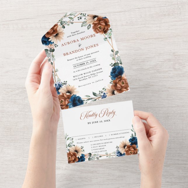 Invitation Tout En Un Terracotta Marine Bleu Vert Mariage géométrique (Déchirure)