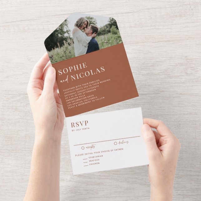 Invitation Tout En Un Terracotta Modern Handwritting Photo Wedding (Déchirure)