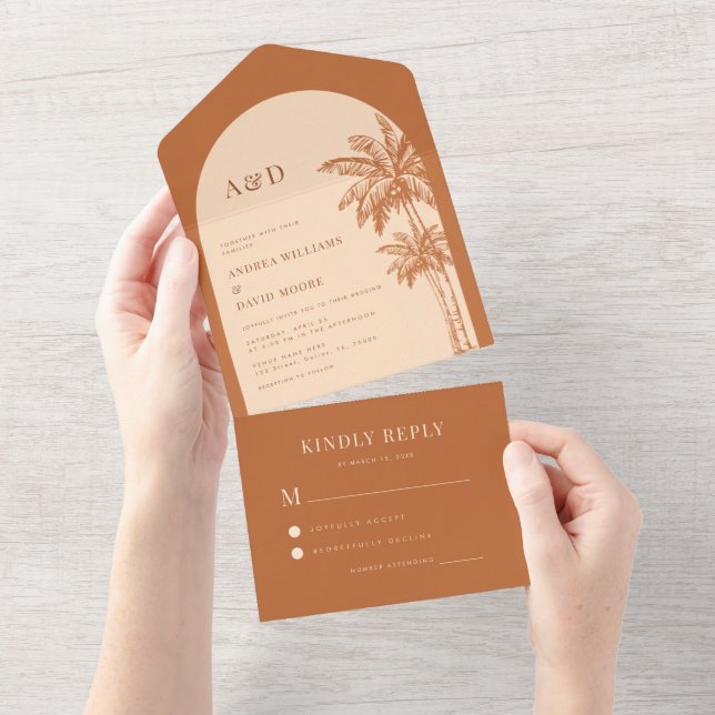Invitation Tout En Un Terracotta Palm Tree Plage tropicale Boho Mariage (Déchirure)