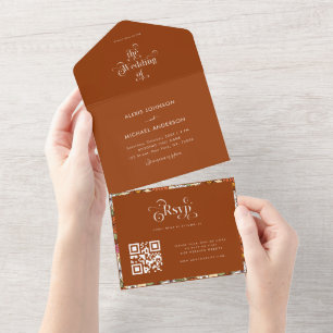 Invitation Tout En Un Terracotta Rétro Groovy Hippie Floral & Typographi