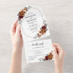 Invitation Tout En Un Terracotta Sage Bourgogne Floral Mariage géométriq