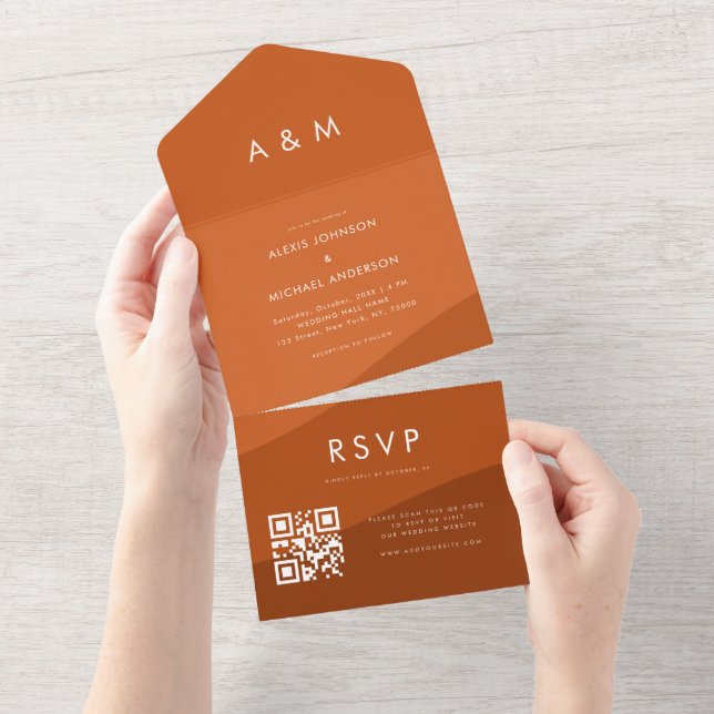 Invitation Tout En Un Terracotta Shades Boho Waves Qr Code Site Brown (Déchirure)