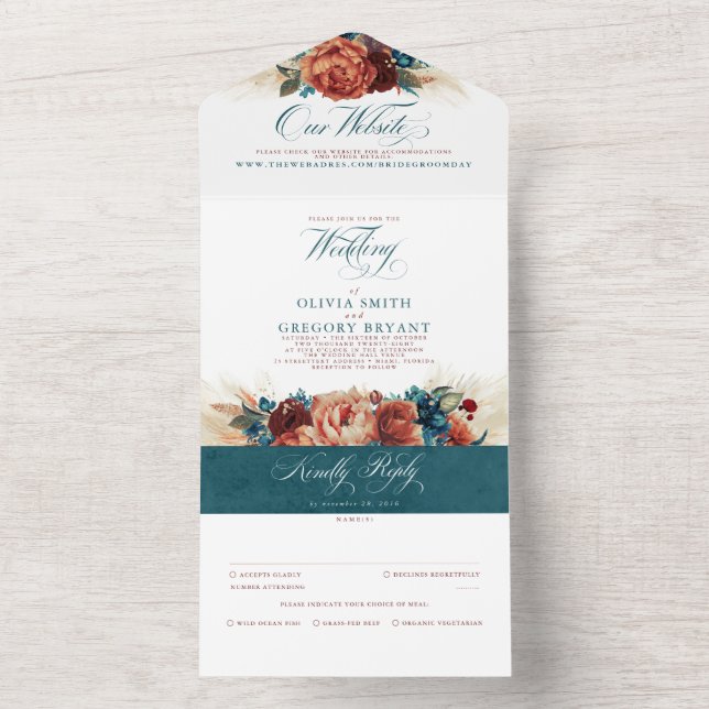 Invitation Tout En Un Terracotta Turquoise Floral Boho Élégant Mariage (À l'intérieur)