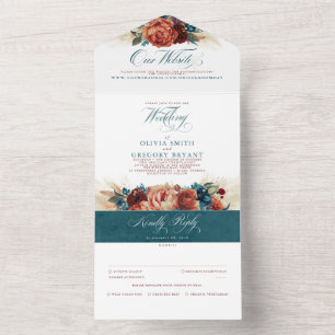 Invitation Tout En Un Terracotta Turquoise Floral Boho Élégant Mariage