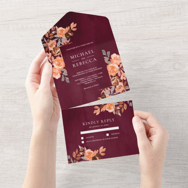 Invitation Tout En Un Terrain rustique Terracotta Floral Bourgogne Maria (Déchirure)
