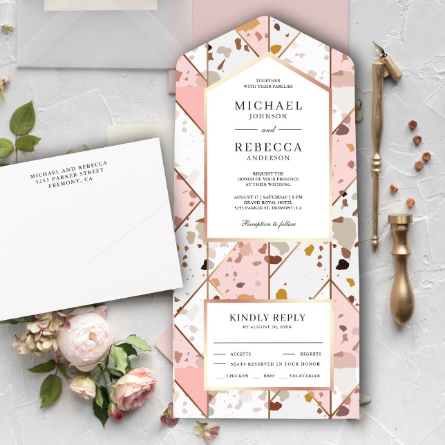 Invitation Tout En Un Terrazzo Mariage géométrique rose pâle (Créateur téléchargé)