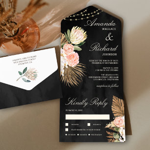 Invitation Tout En Un Terre Rustique Florale Palmier Protéa Mariage Noir