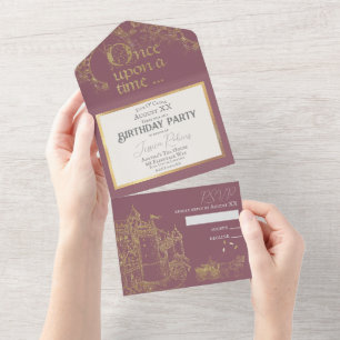 Invitation Tout En Un Thème de conte de fées Château Carrosse Or et rose