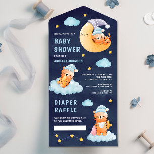 Invitation Tout En Un Tigre endormi sur fond bleu marine Baby Shower Lun