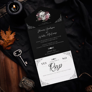 Invitation Tout En Un Til Death Aquarelle Crâne Rose Mariage gothique