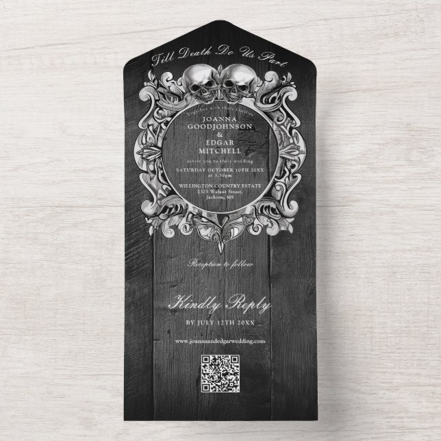 Invitation Tout En Un Till Death Gothic Black Wood QR Code Mariage (À l'intérieur)