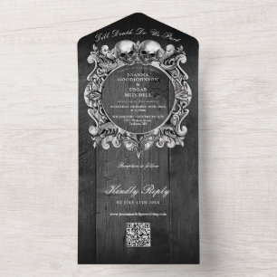Invitation Tout En Un Till Death Gothic Black Wood QR Code Mariage