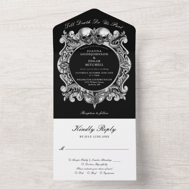Invitation Tout En Un Till Death Gothic Skuls Monogramme Mariage (À l'intérieur)