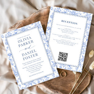 Invitation Tout en Un Toile Florale Française Bleu Poussiéreu